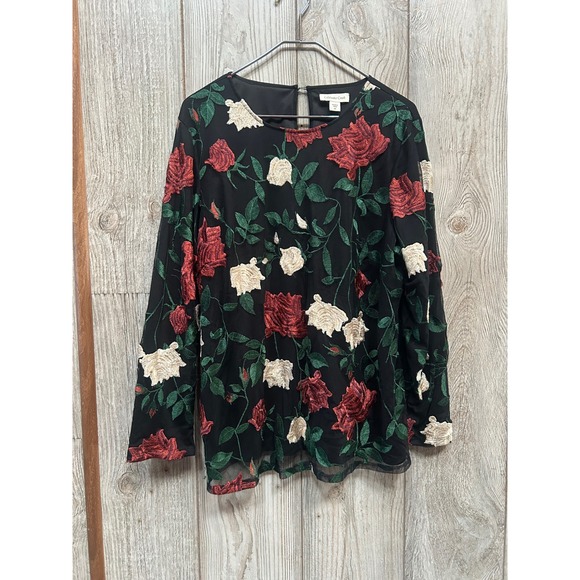 Coldwater Creek Tops - Coldwater Creek Women 1X Black Red Floral Embroidered Mesh Long Sleeve Blouse
